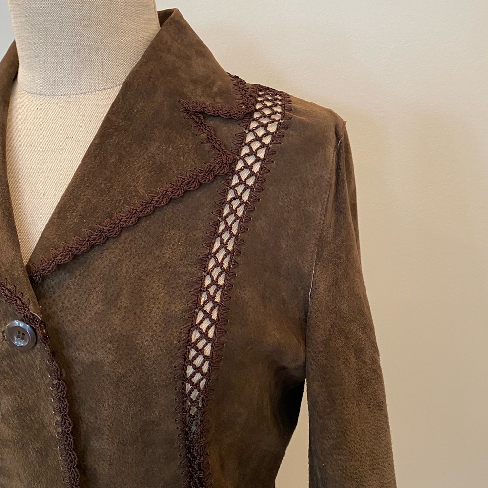 White Stag Womens Vintage Brown Suede Blazer w Macramé Trim Size 4/6 - Picture 3 of 11